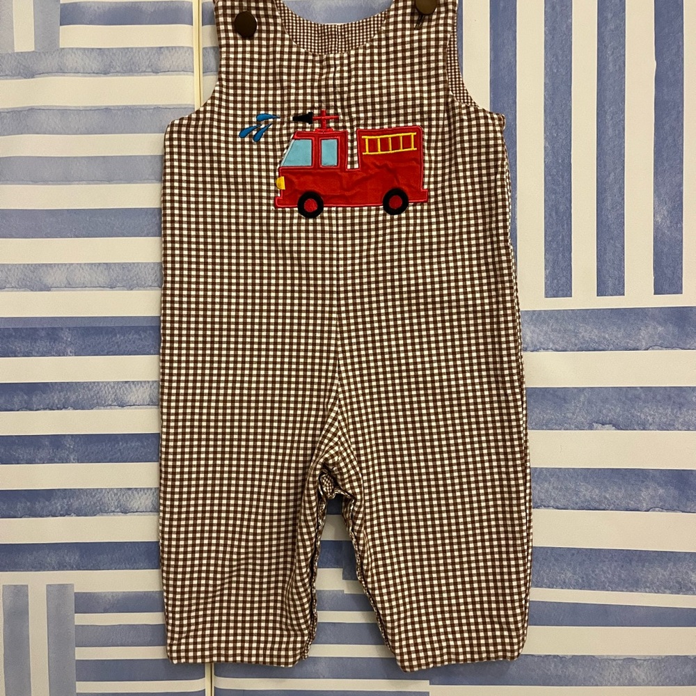 Reversible Mulberry St. Brown Checkered Longalls with Red Fire Truck and Pumpkin